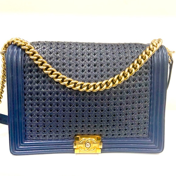 CHANEL Handbags - 💙💛💙Chanel Large Boy Bag in navy blue and gold details